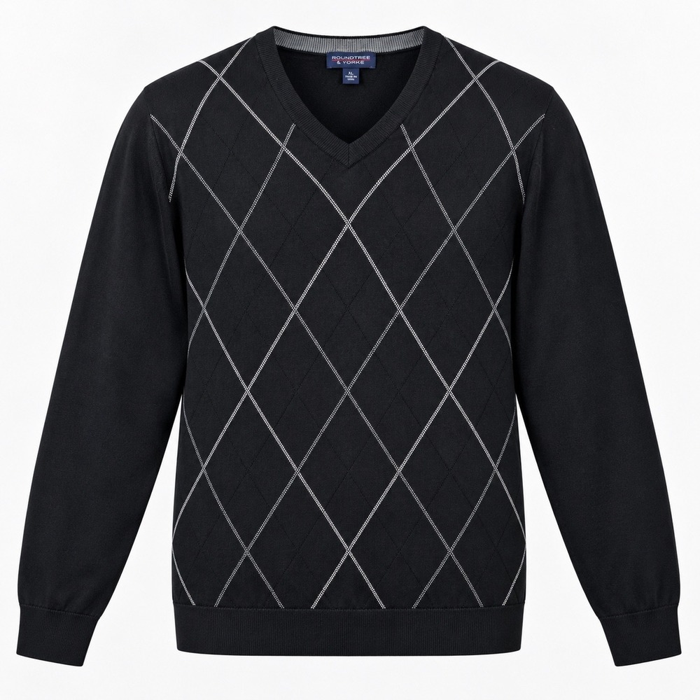Roundtree & Yorke Men XL Black Argyle V-Neck Cotton Sweater Preppy Academia